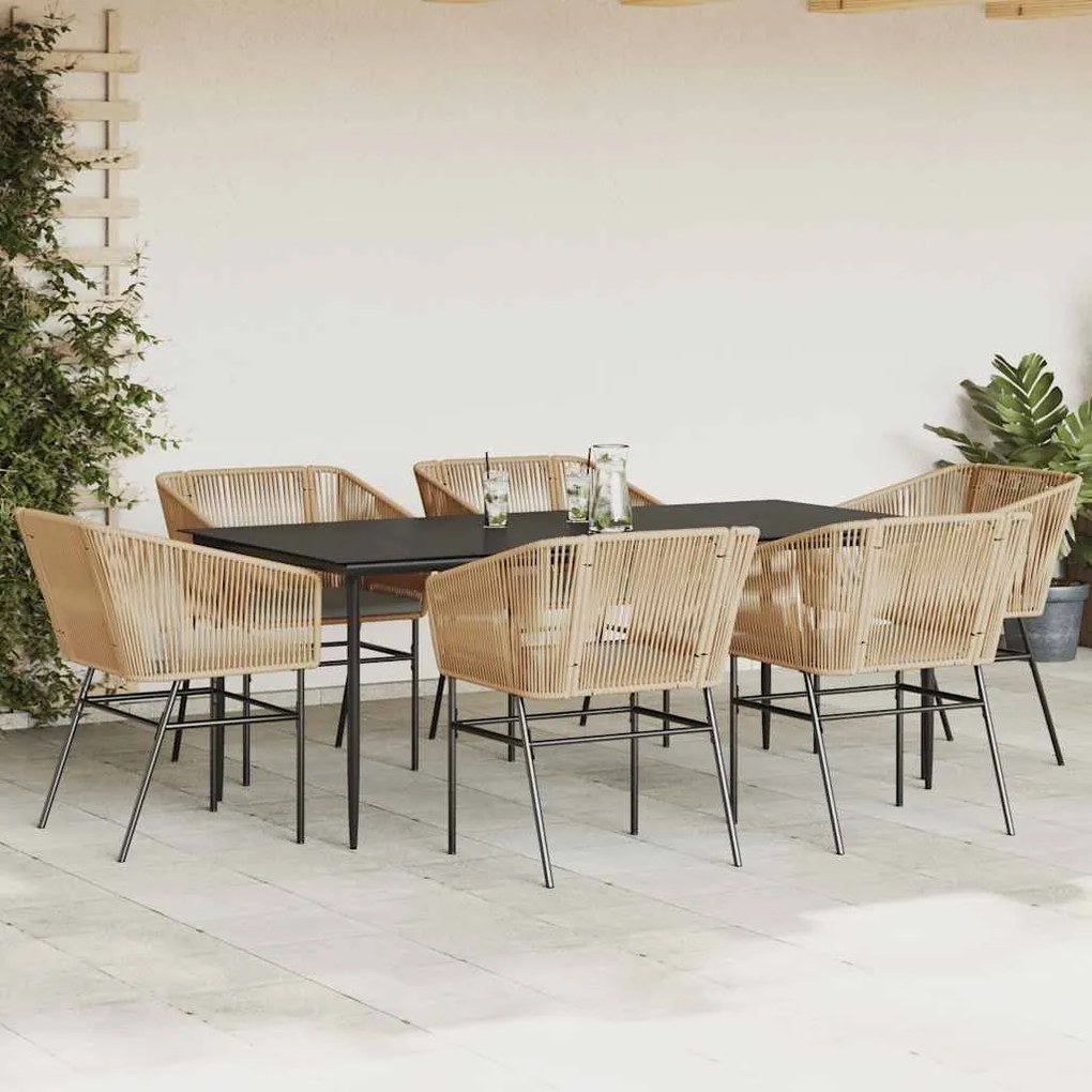 Conjunto jantar jardim 7 peças almofadas vidro vime PE castanho