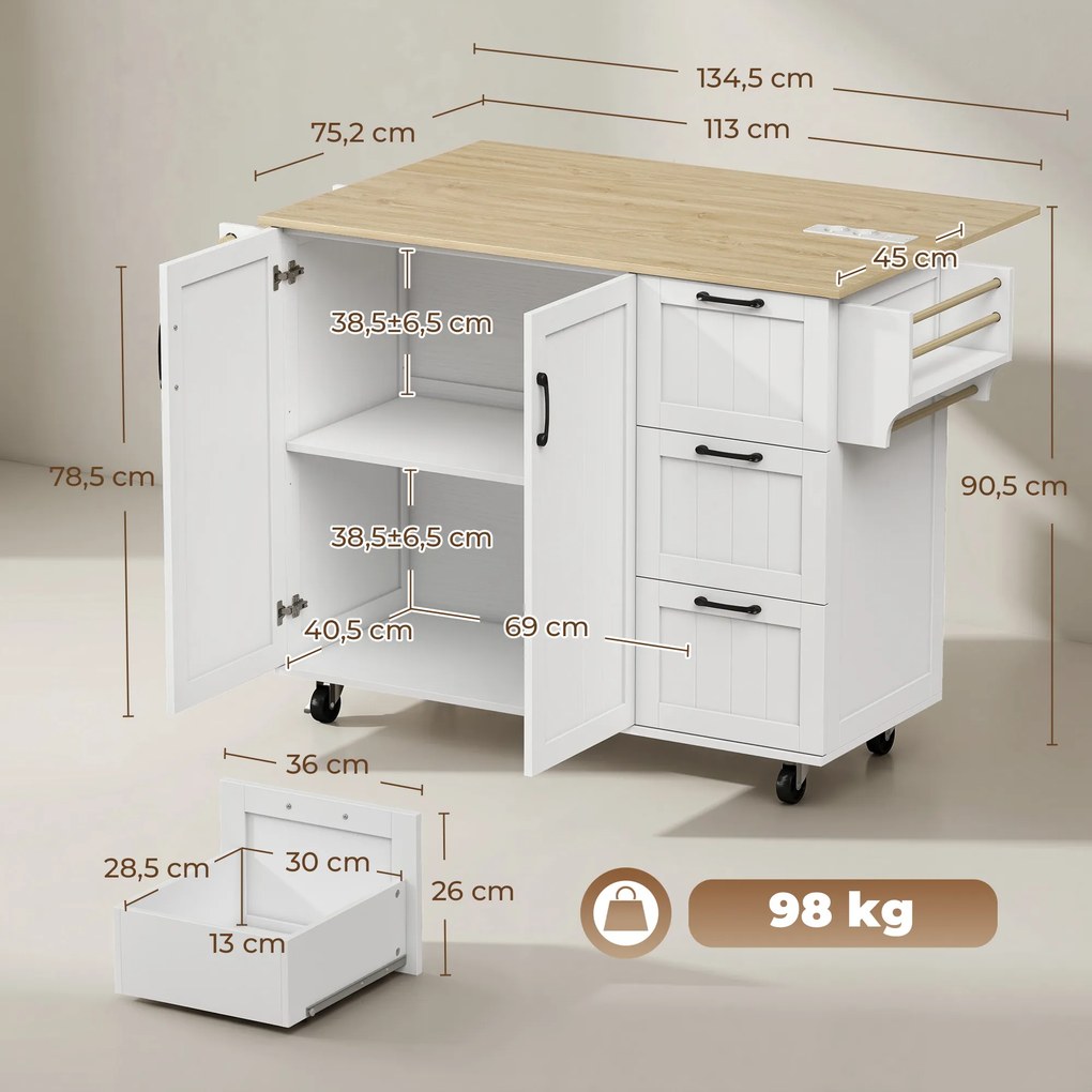 Ilha de Cozinha 134,5x75,2x90,5 cm com Tampo Extensível Estação de Carregamento Rodas 2 Portas 3 Gavetas Suporte para Especiarias e Barra para Toalhas