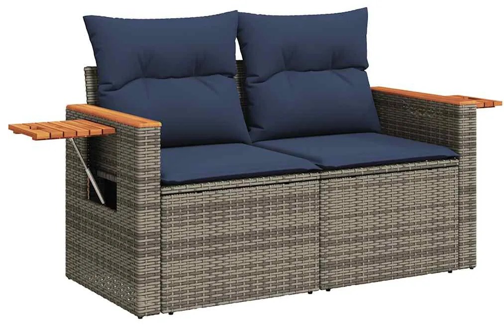 7 pcs conjunto sofás p/ jardim c/ almofadões vime PE cinzento