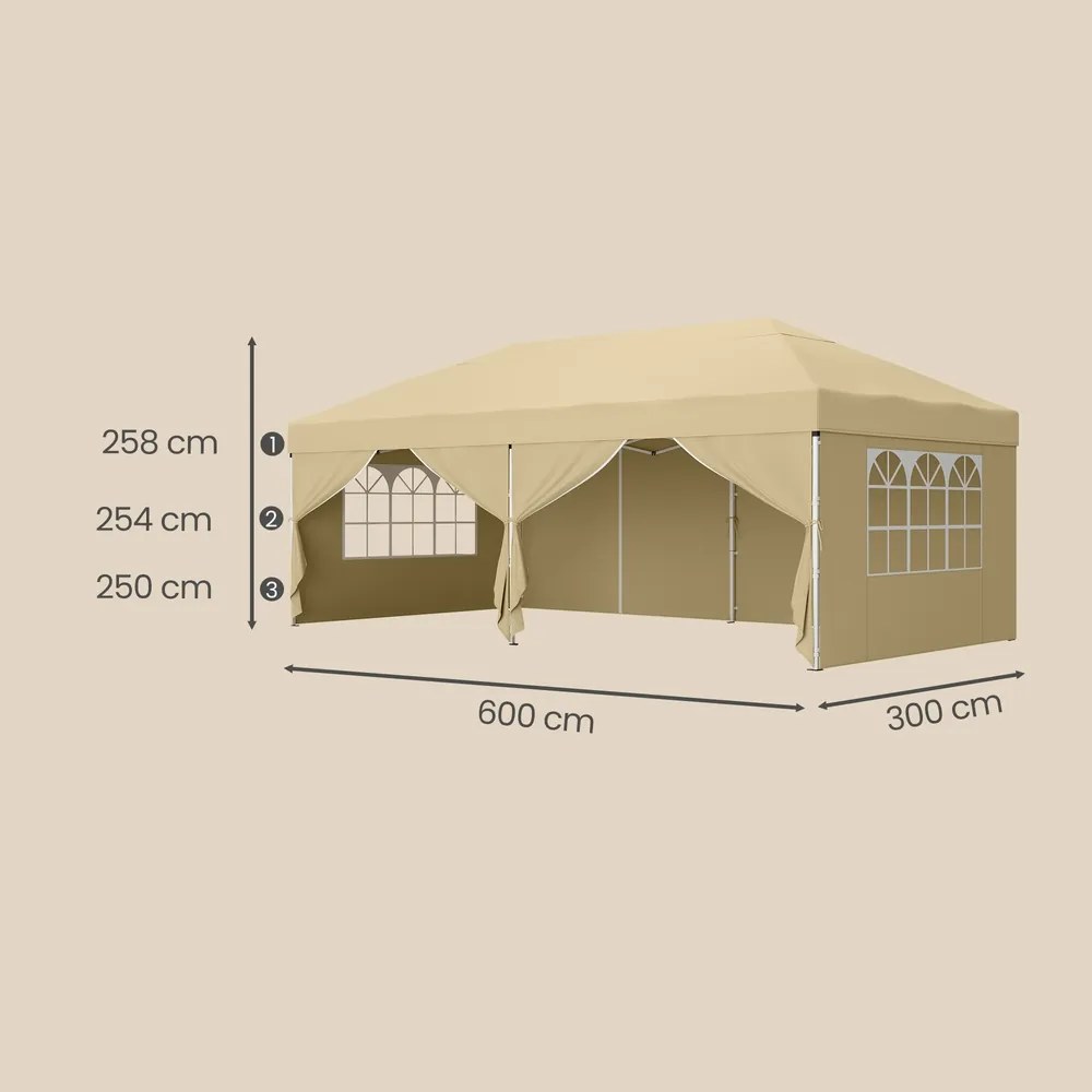 Tenda dobrável de 6 x 3 m, com paredes laterais, resistente, pavilhão para jardim Bege