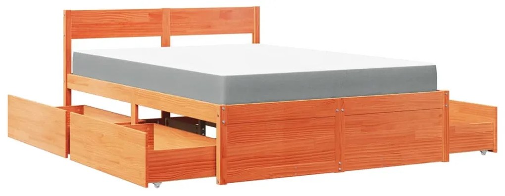 Cama com gavetas e colchão 140x190 cm pinho maciço castanho-mel