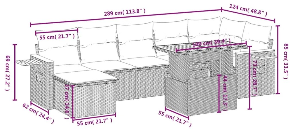 8 pcs conjunto de sofás p/ jardim com almofadões vime PE bege