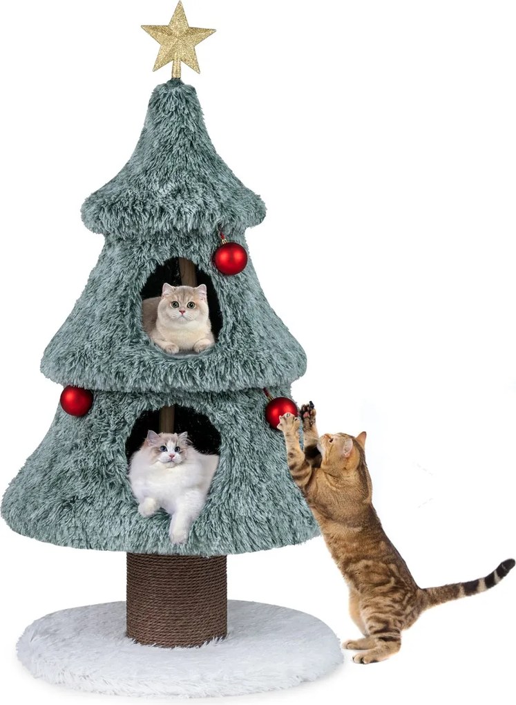 Arranhador em forma Árvore de Natal para gatos de interior 59 x 59 x 123 cm com 2 cavernas e Bolas pendentes verde