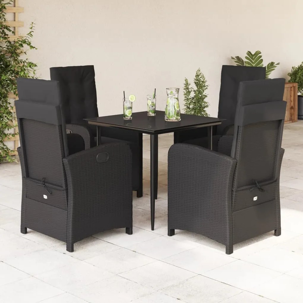 5 pcs conjunto de jantar p/ jardim c/ almofadões vime PE preto