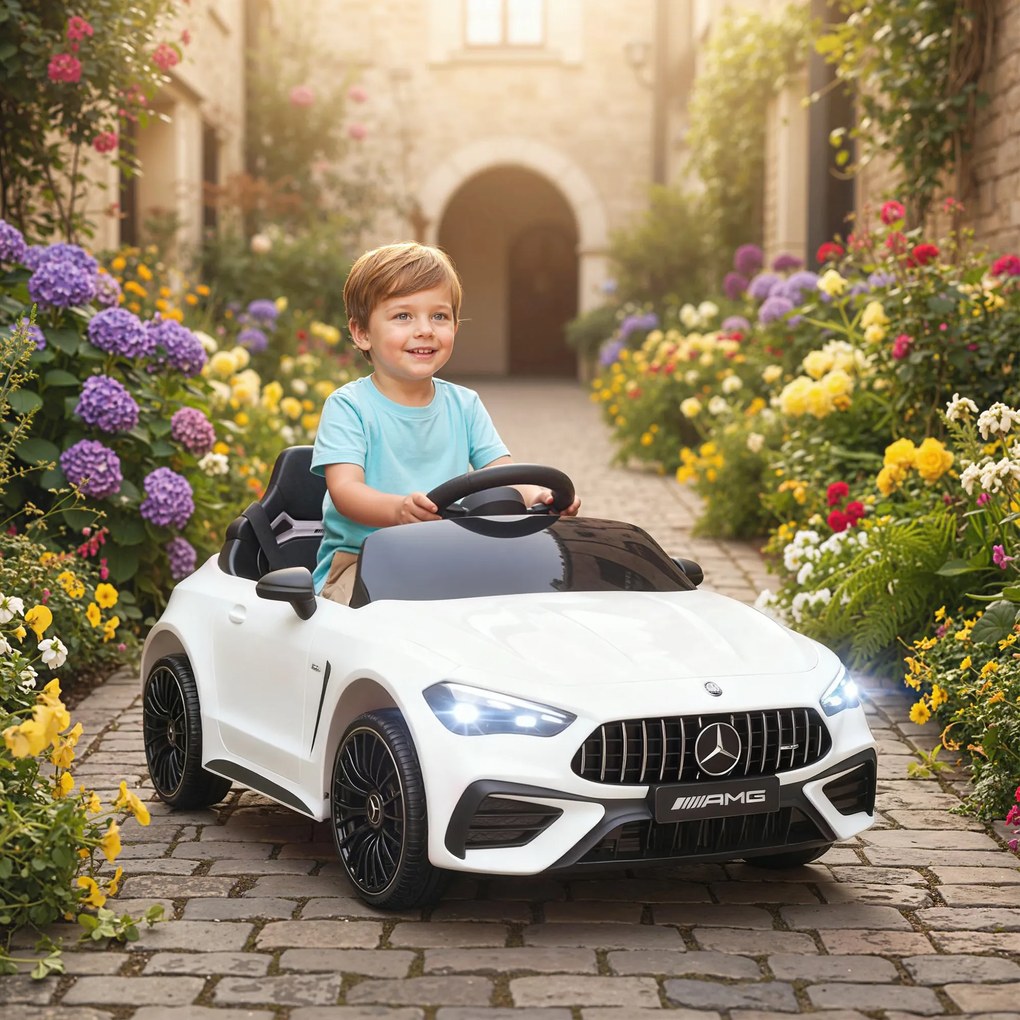 Carro elétrico infantil Mercedes AMG CLE 53, 12 V, 2 motores, crianças 2 a 6 anos comando à distância para os pais de 2,4 GHz, 99 x 55 x 43 cm, branco