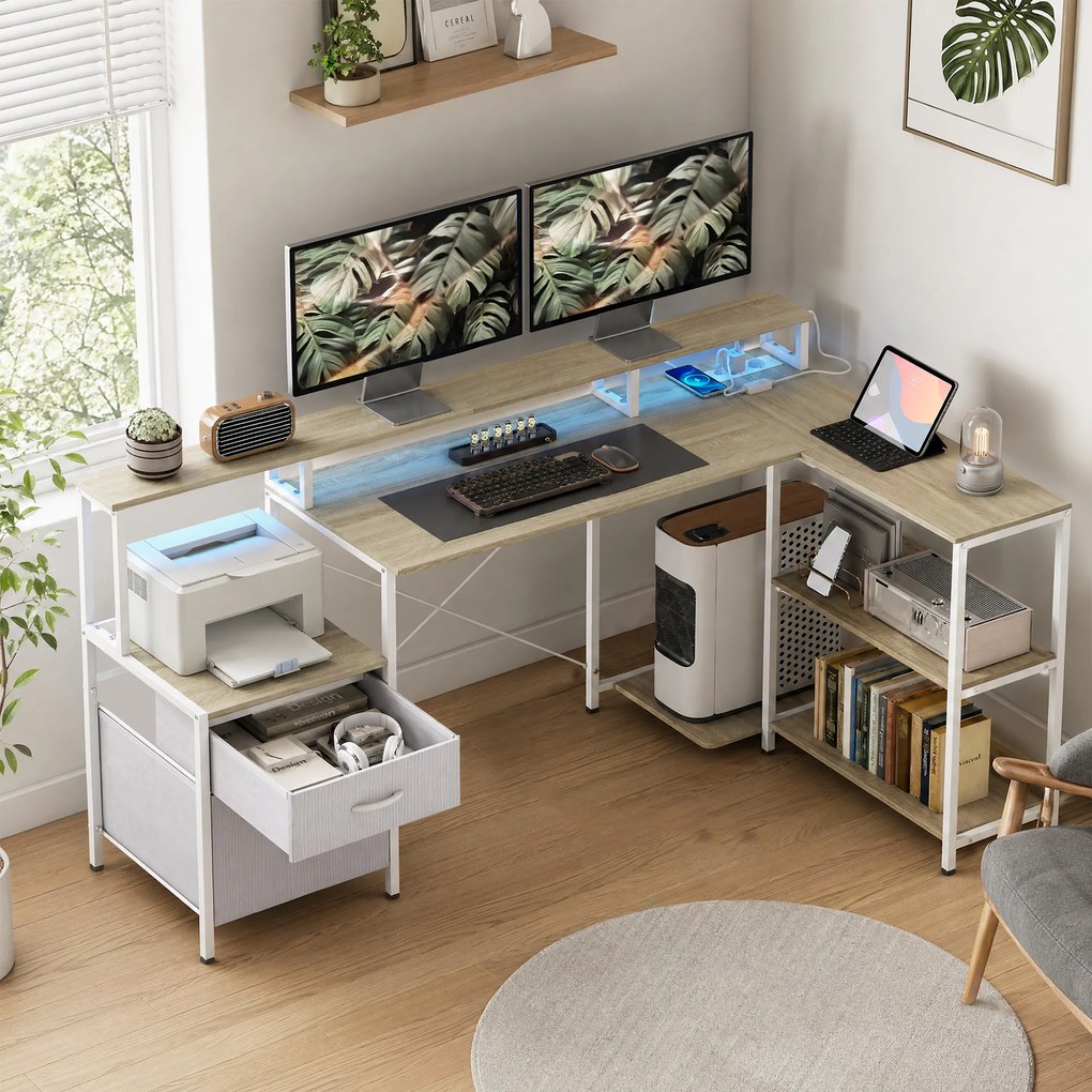 Secretária de canto 172 C x 100 P x 89 A cm com tomadas e luzes LED RGB, secretária para computador, suporte para ecrã, 2 gavetas tecido, branca e beg
