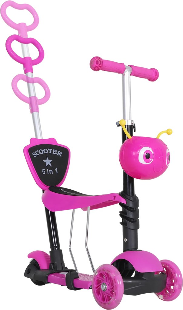 Trotinete 5 em 1 para Crianças com 3 Rodas Assento Removível e Guiador Ajustável Carga Máxima 50 kg 62x25x72,5 cm Rosa