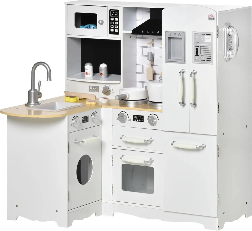 Cozinha Infantil de Madeira para Crianças de 3-6 Anos com Sons 14 Acessórios Cozinha Infantil com Telefone Lavatório Microondas e Grifo 82x65x87cm Bra