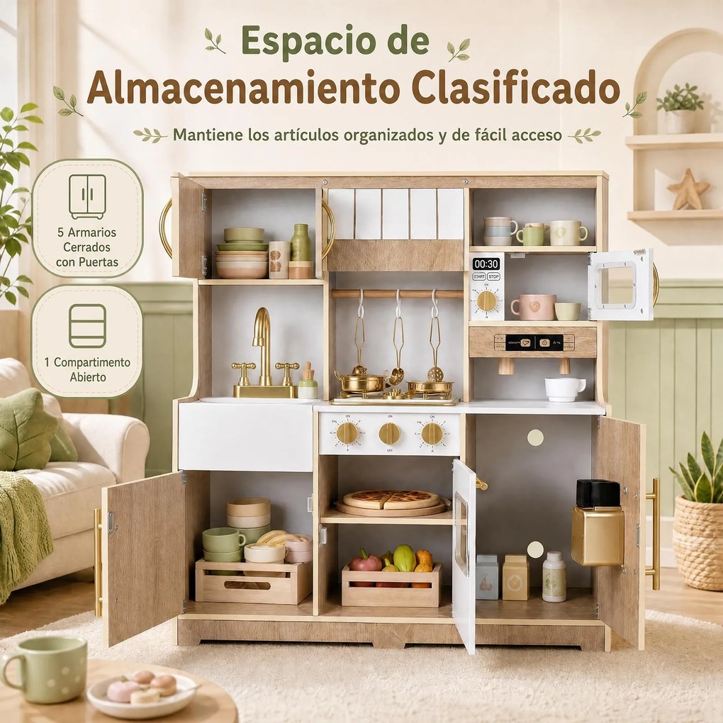 Cozinha Infantil de Brincar, 84 x 30 x 90 cm, Placa com Luz e Som, Natural+Branco