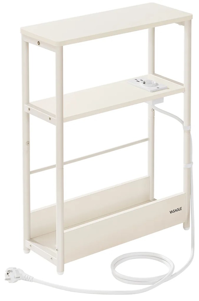 Mesa lateral fina VASAGLE com filtro de linha, mesa de cabeceira de 3 níveis, mesa lateral, para espaços pequenos, porta-revistas, sala de estar, quarto, escritório, branco creme LET335W02