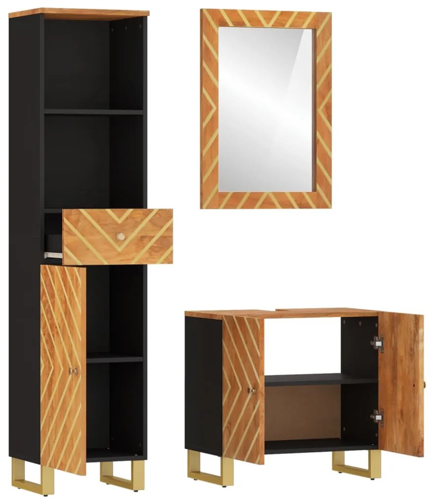 3 pcs conjunto de móveis p/ WC mangueira maciça castanho/preto