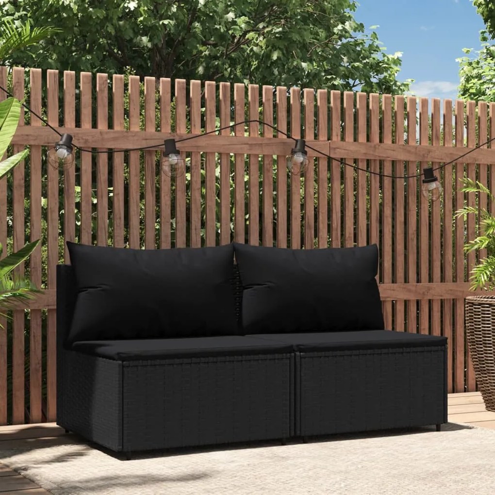 vidaXL Sofás de centro p/ jardim c/ almofadões 2 pcs vime PE preto