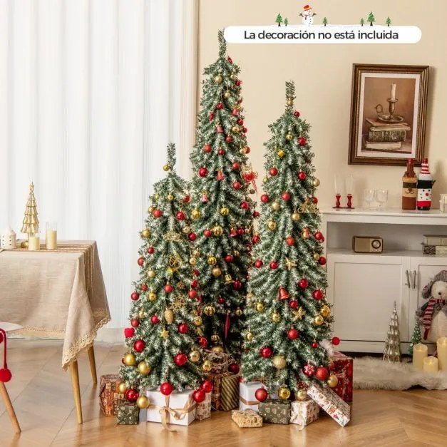 Conjunto de 3 árvores de Natal artificiais em forma de lápis 120/150/180cm com neve realista 100/120/180 luzes LED 216/302/505 pontas de ramos Verdes