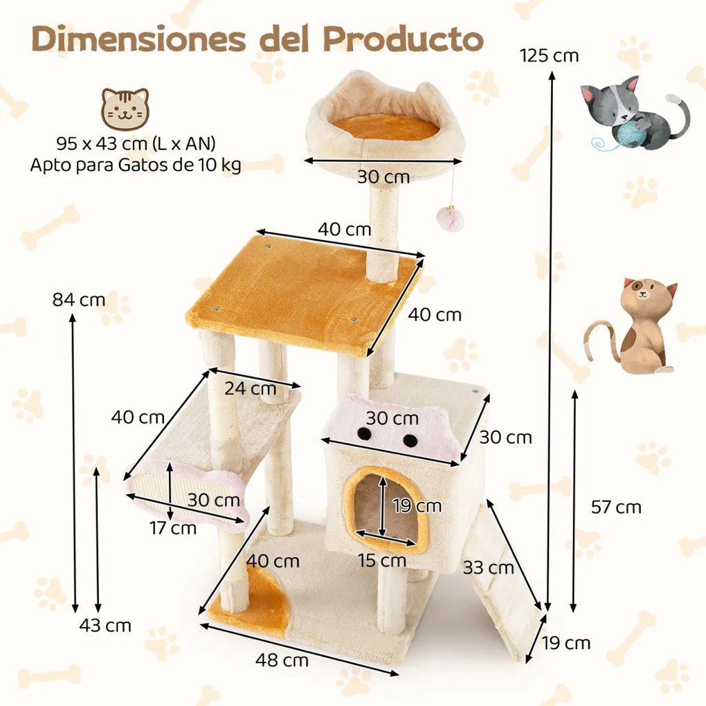 Arranhador para gatos 95 x 43 x 125 cm de interior Torre com vários níveis, com poleiro de pelúcia, caverna, postes para arranhar de sisal, rampa e bo