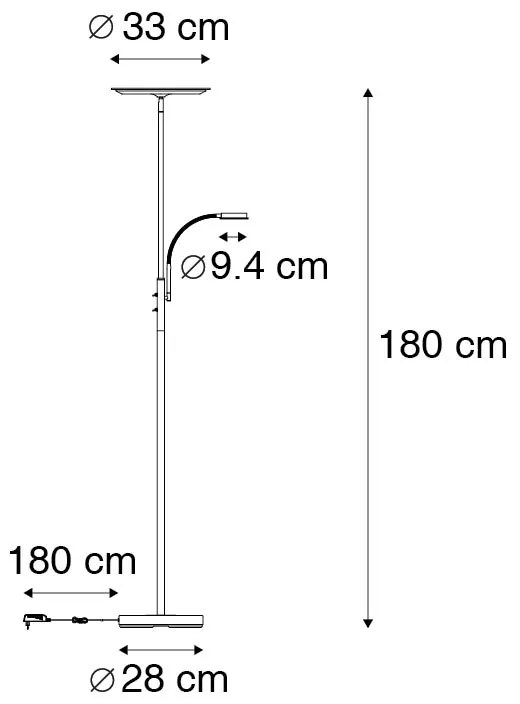Candeeiro de pé moderno preto com LED regulável e braço de leitura - Strela Moderno