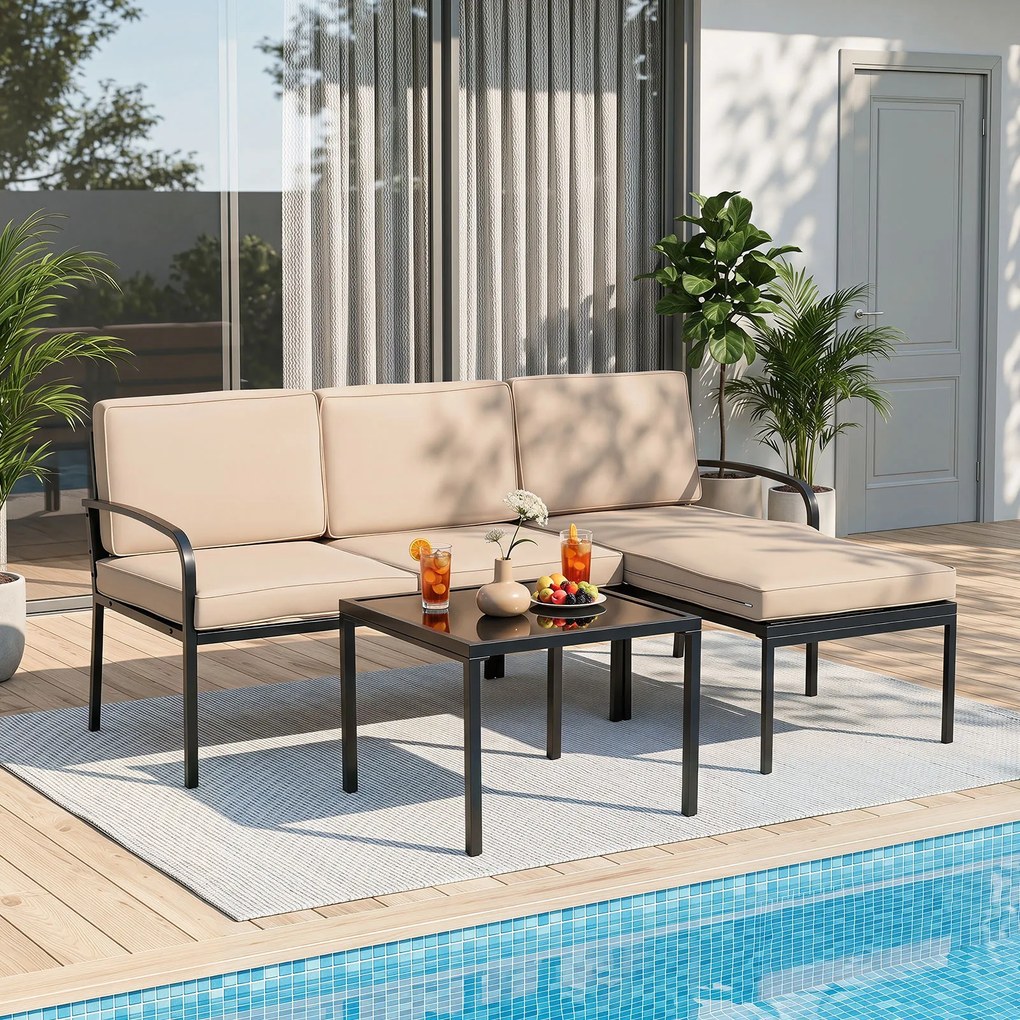 Conjunto de 3 Peças para Jardim, Sofá de 2 Lugares, Sofá em L e Mesa de Centro, 172,5 x 113 x 80 cm, Modular, Caqui