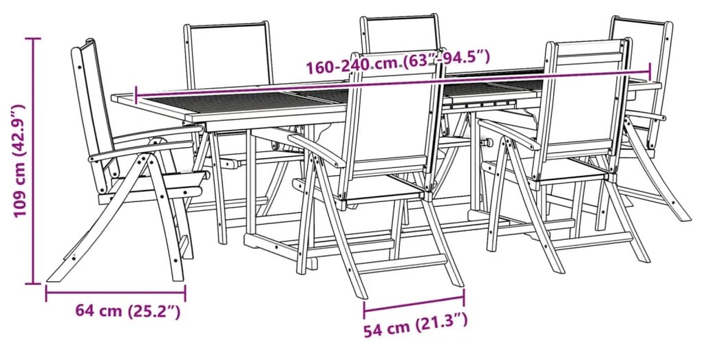 7 pcs conjunto de jantar para jardim acácia maciça e textilene