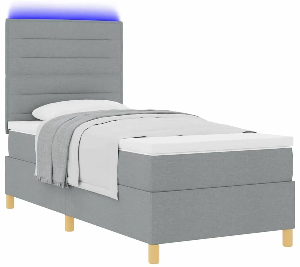 Cama Box com Colchão &amp; Luz LED Cinza Claro 90x200 cm Tecido