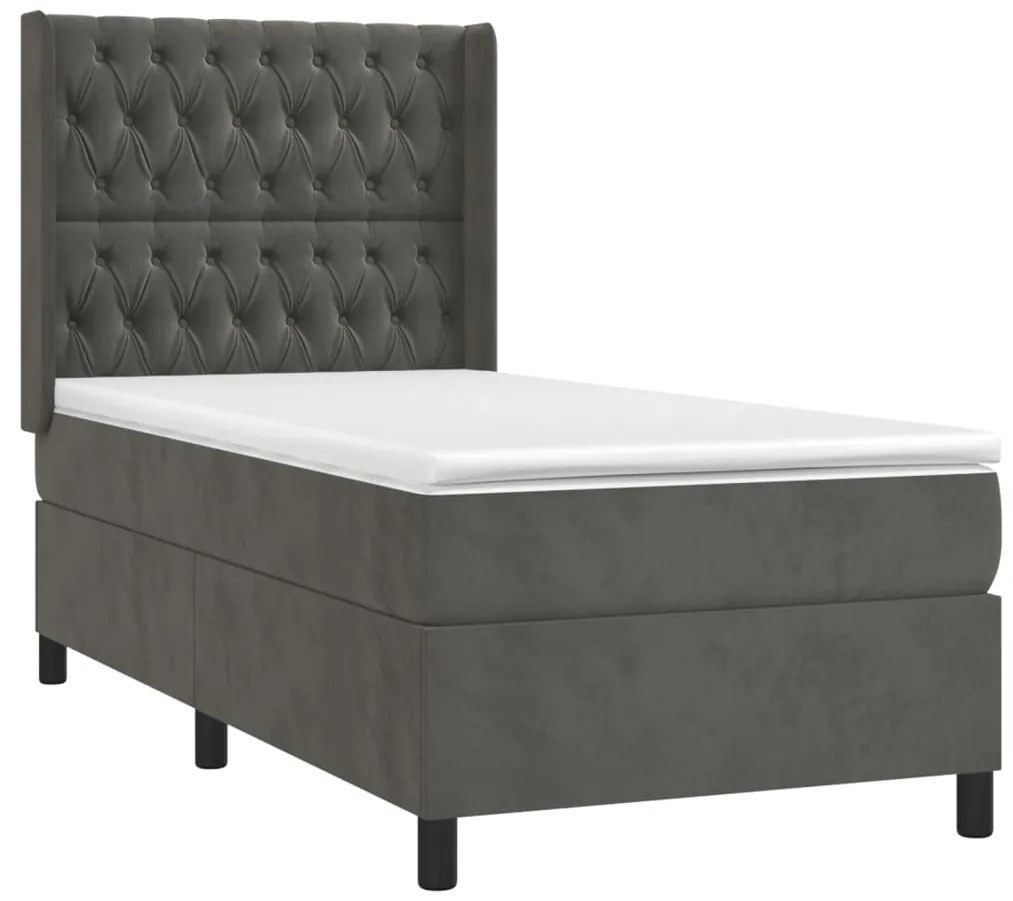 Cama box spring c/ colchão/LED 100x200cm veludo cinzento-escuro