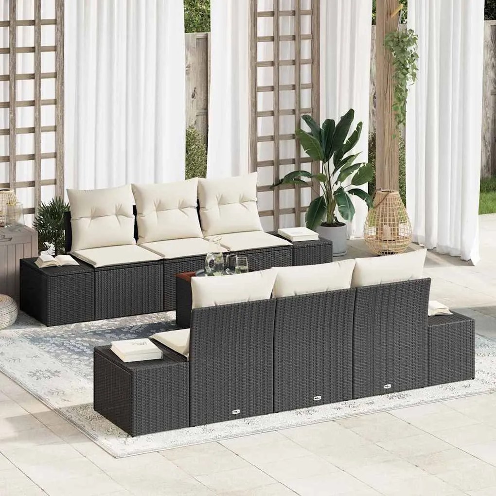 vidaXL Conjunto de Sofá de Jardim com almofada 7 pcs Preto vime PE
