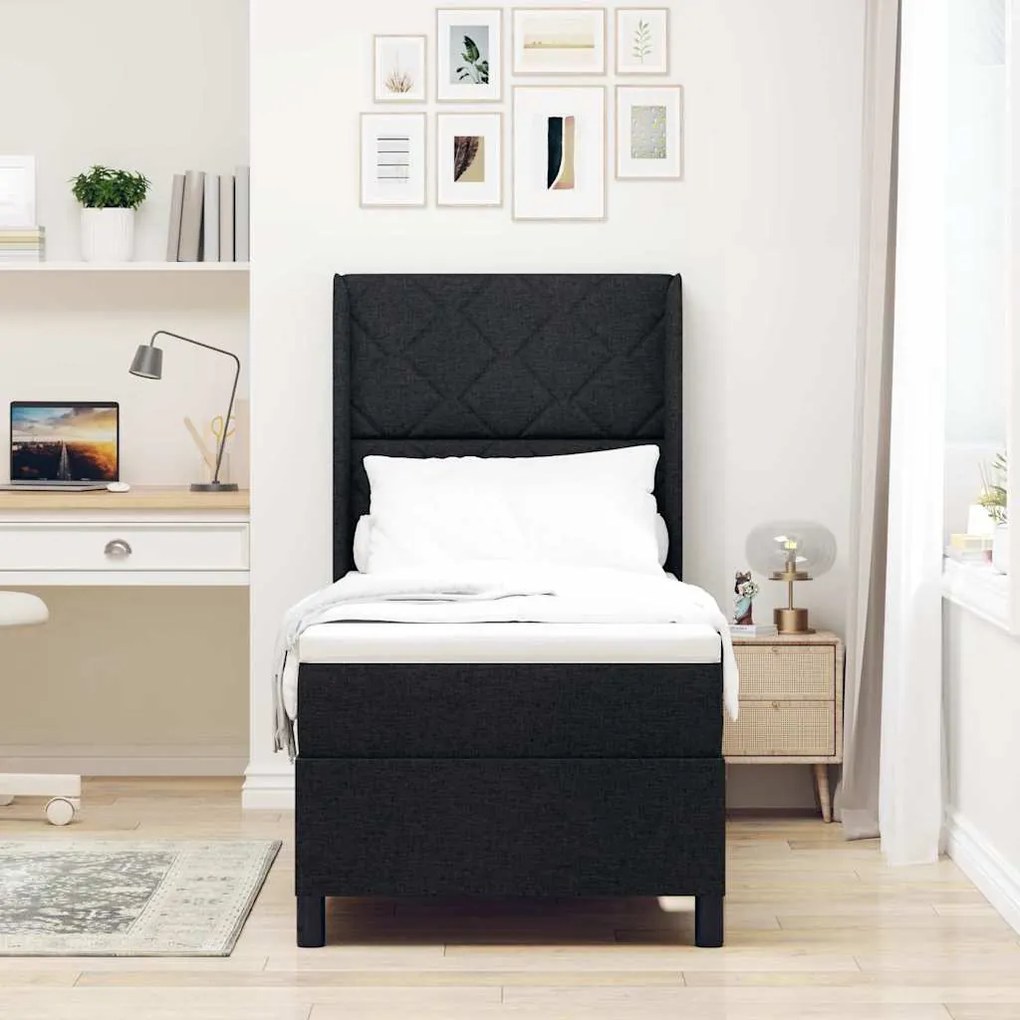 Cama Box com colchão e LED preto 90x190 cm, tecido.