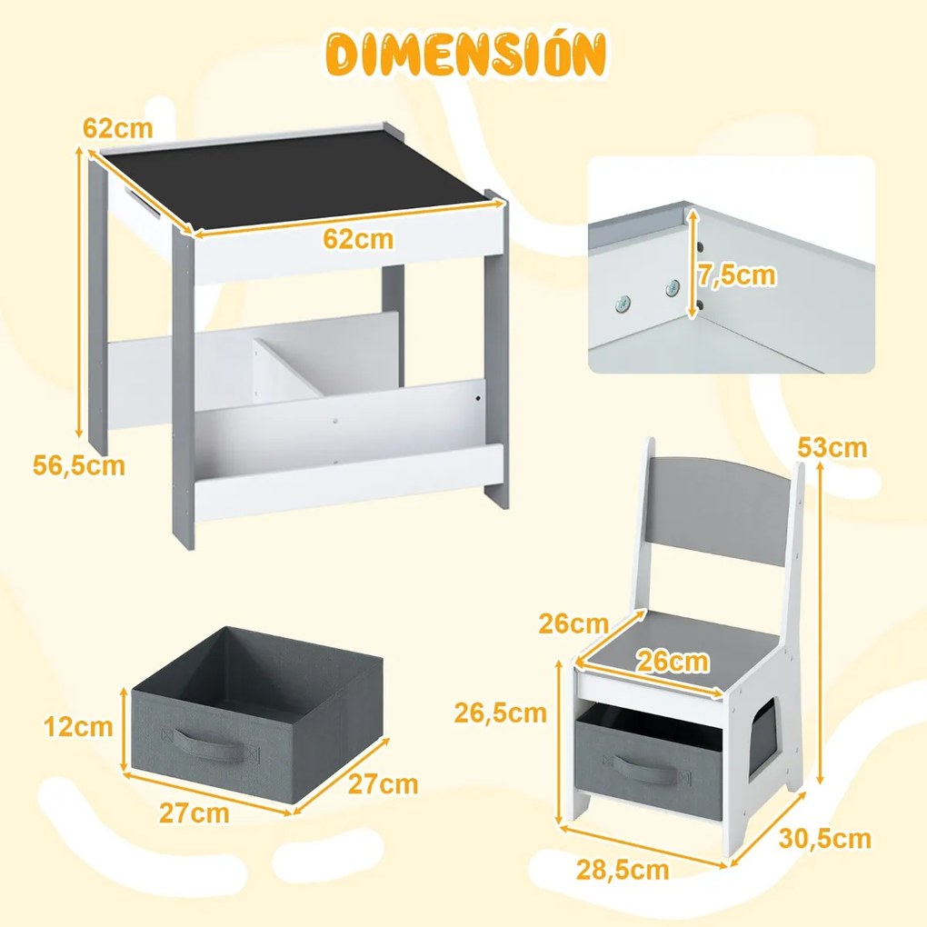 Conjunto de mesa e cadeiras para crianças Mesa de atividades em madeira com tampo reversível Prateleiras para livros e gavetas Cinzento + Branco