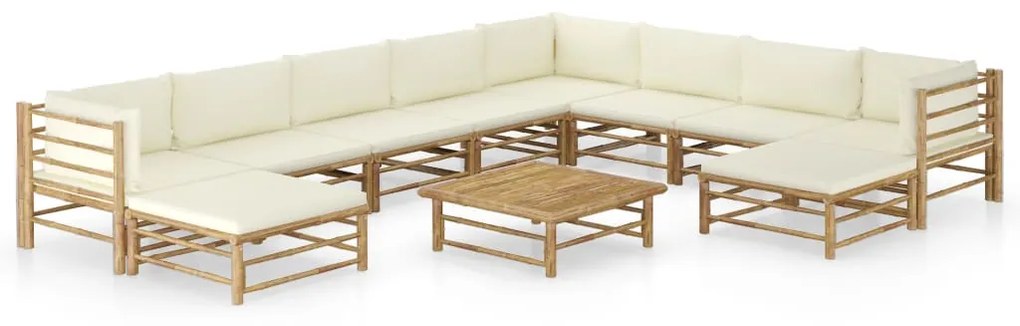 vidaXL 11 pcs conj. lounge jardim em bambu c/ almofadões branco nata