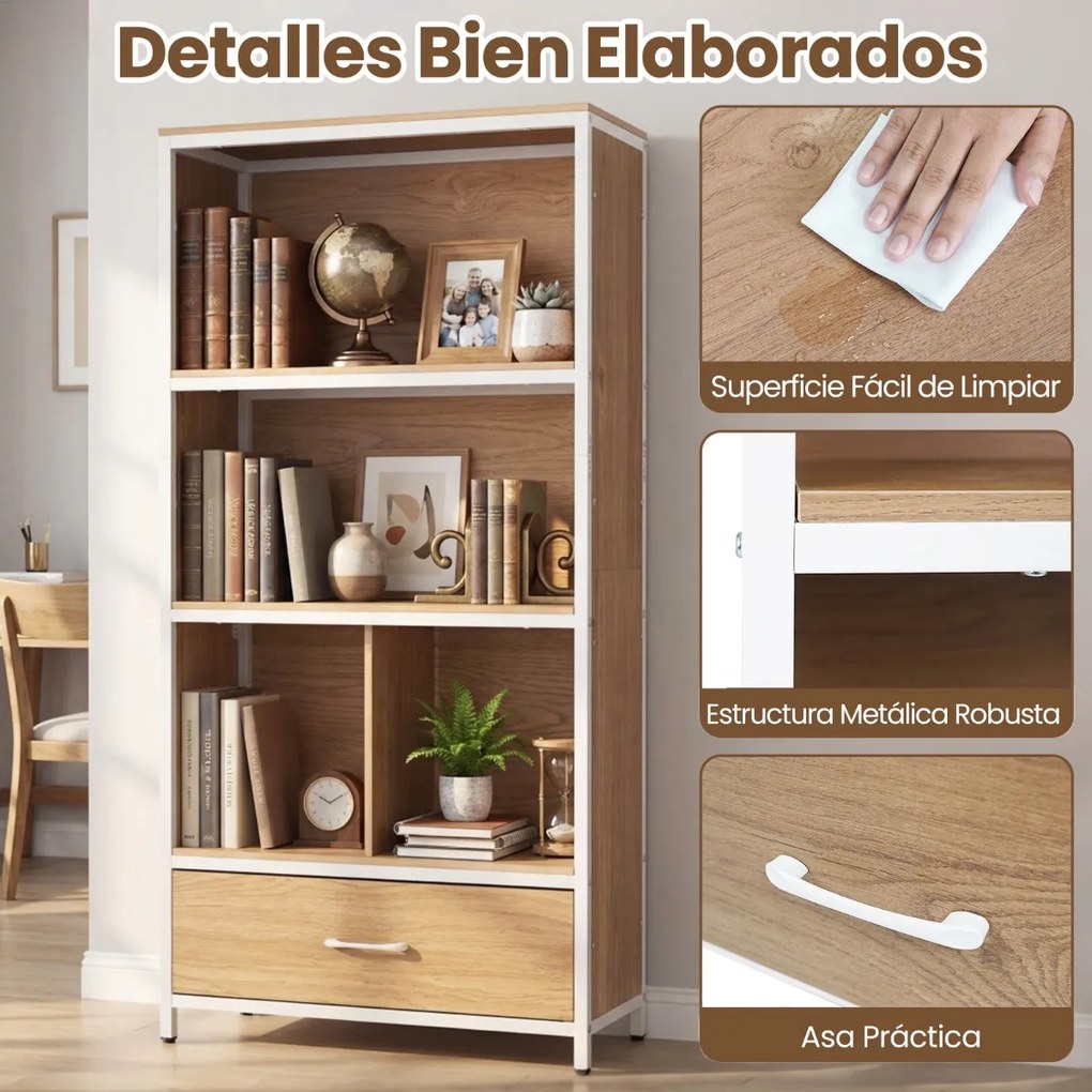 Estante de 4 níveis 68 x 30,5 x 151,5 cm com 4 compartimentos abertos e gaveta dobrável em tecido; Estrutura metálica para quarto ou escritório, em to