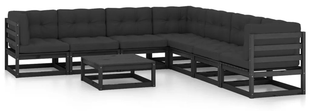 vidaXL 8 pcs conjunto lounge jardim c/ almofadões pinho maciço preto
