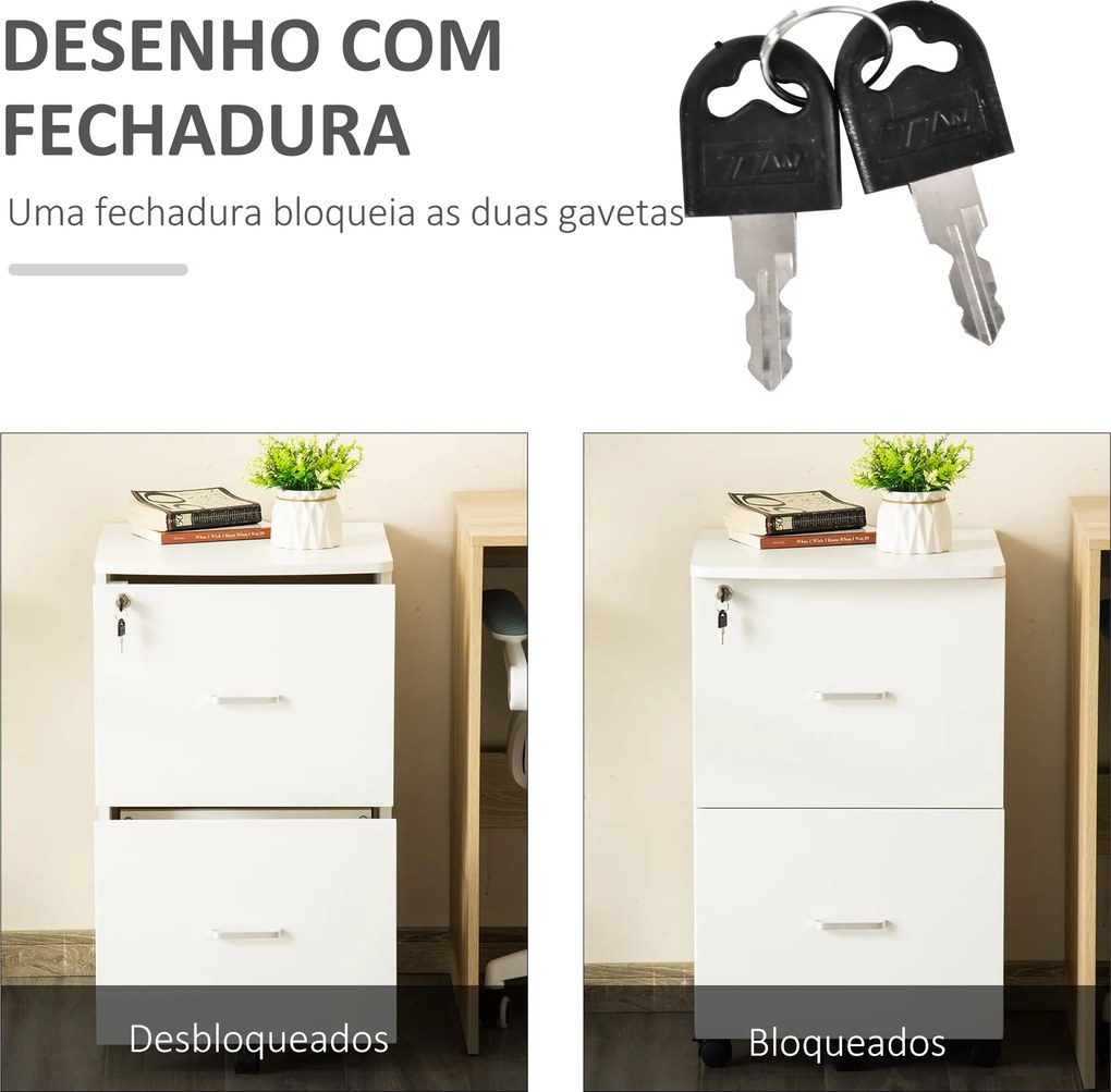 Bloco gavetas de Escritório Móvel Auxiliar para Arquivos com 2 Gavetas Fechadura 2 Chaves 43x45x72cm Branco