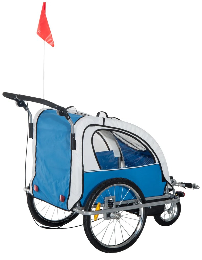 Reboque de Bicicleta para Crianças com 2 lugares e Roda 360º com Acoplamento Universal - Cinzento e Azul - 125x88x107cm