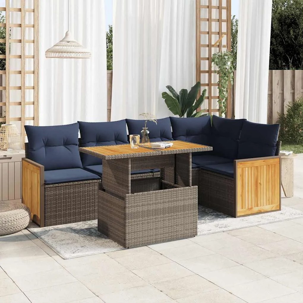 6 pcs conjunto sofás jardim com almofadões PE/acácia cinzento