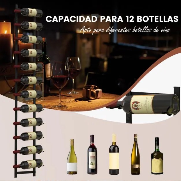 Garrafeira de parede para 12 garrafas Estante suspensa em aço inoxidável para garrafas de vinho 22 x 13,5 x 145 cm preto