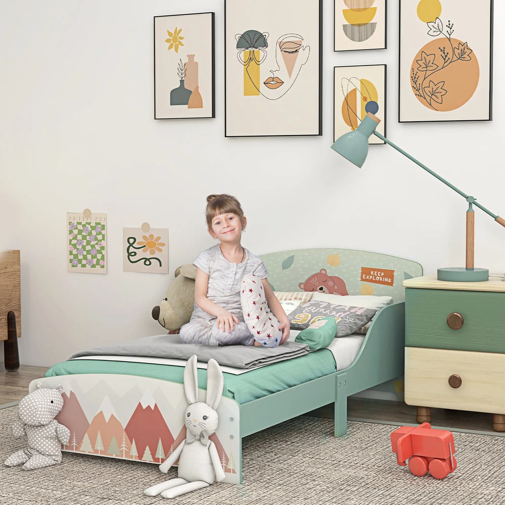 Cama para Crianças de Madeira (COLCHÃO NÃO INCLUIDO) com Barreira de Proteção e Estampados Carga Máx. 40 kg 77x143x60 cm Verde