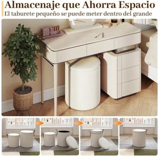 Conjunto de 2 pufes redondos com arrumação, bancos toucador estofados com tampos removíveis e assentos acolchoados, apoio para os pés multiusos bege