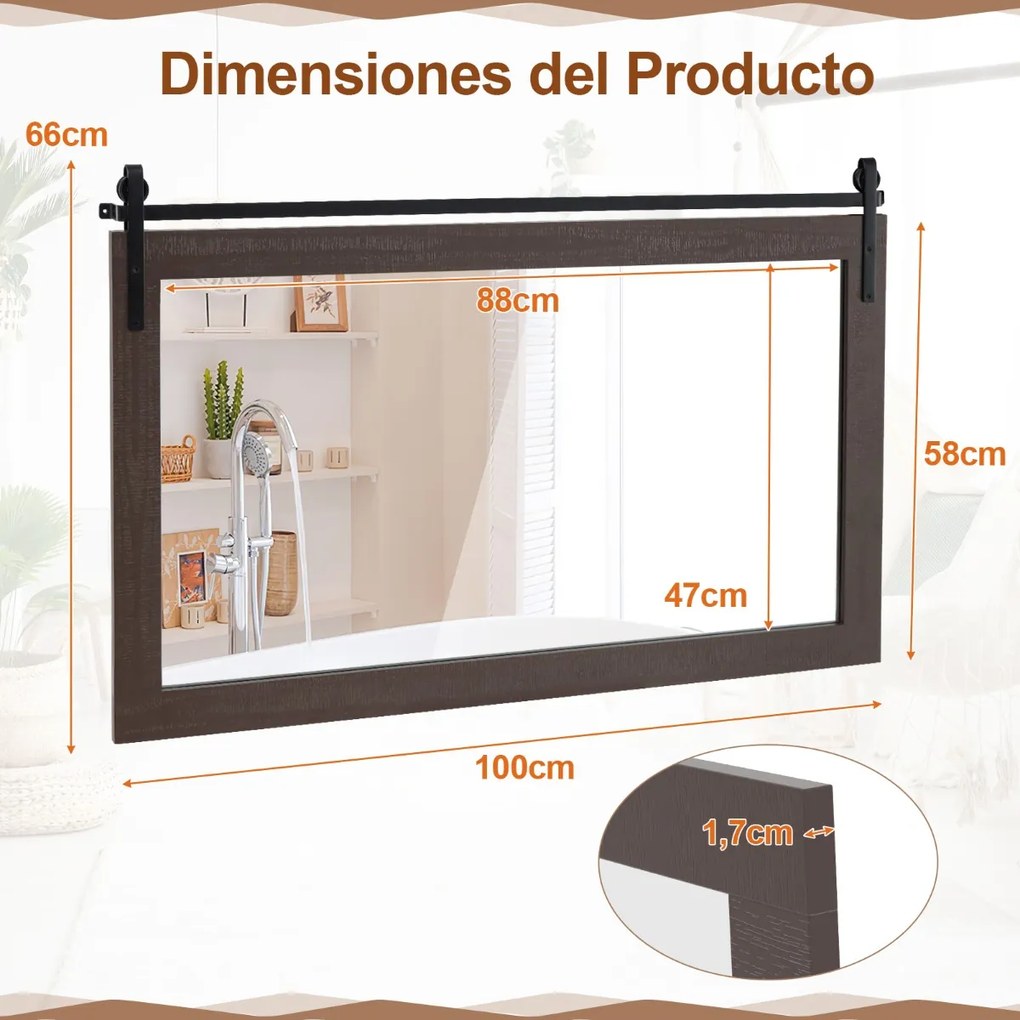 Espelho decorativo retangular 100 x 66 cm  com moldura em madeira de abeto e vidro de alta definição para casa de banho ou quarto Cor Nogueira