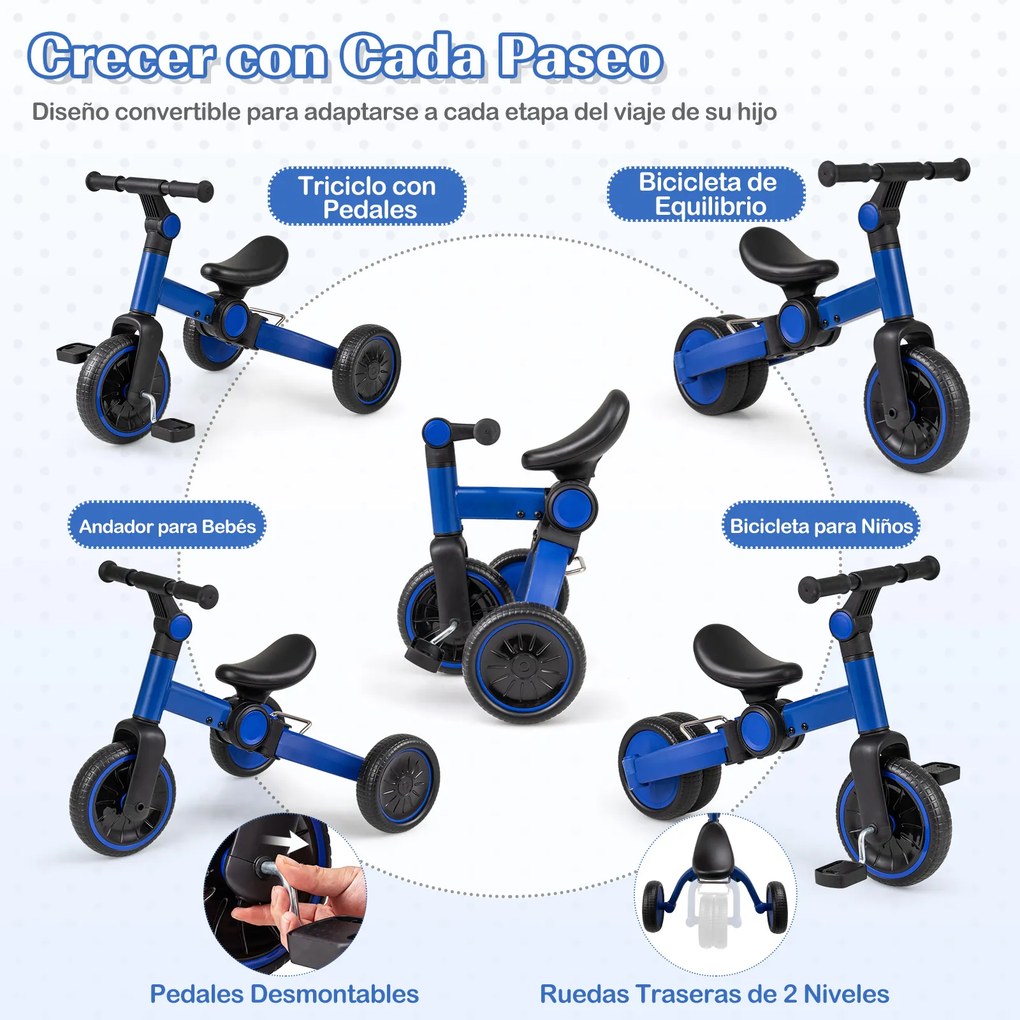 Triciclo Infantil 5 em 1, 66 x 48,5 x 51,5 cm, Pedais Removíveis, Azul-escuro
