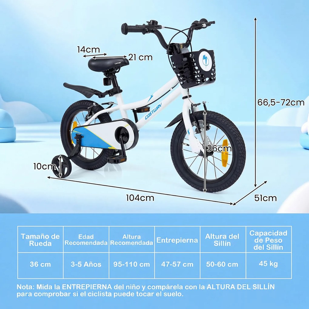 Bicicleta Infantil 3-5 Anos, 104 x 51 x 66,5-72 cm, Rodas Estabilizadoras Removíveis, Branco