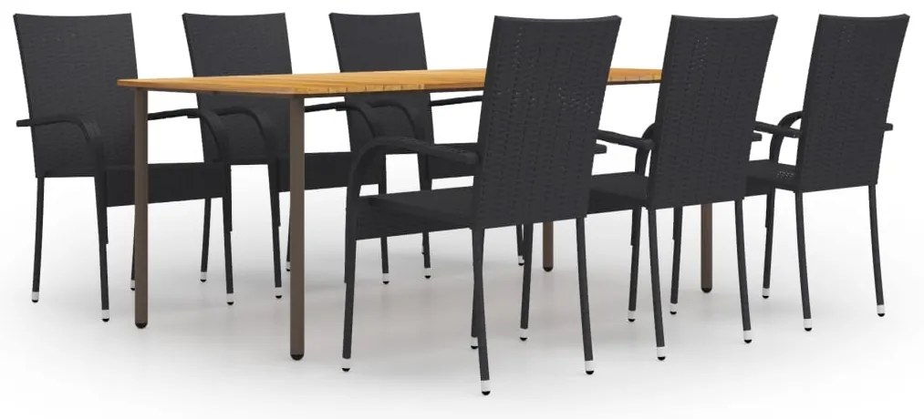 7 pcs conjunto de jantar para jardim vime PE preto