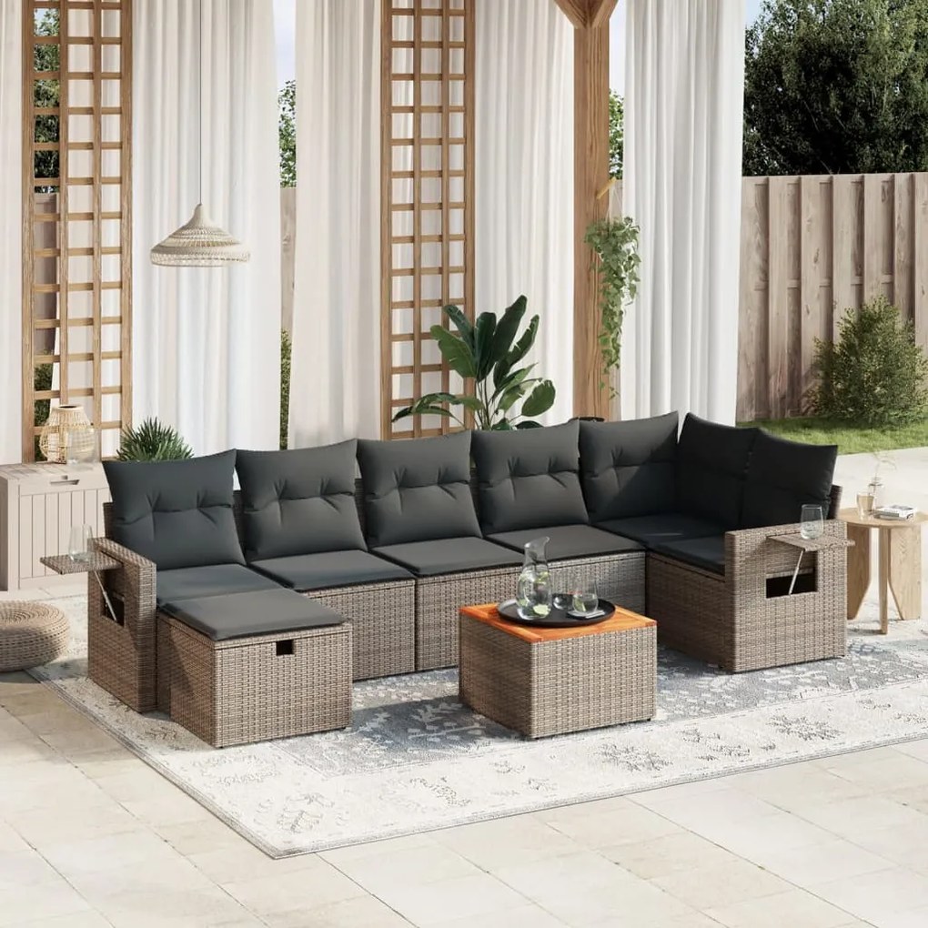 vidaXL 8 pcs conjunto sofás de jardim c/ almofadões vime PE cinzento
