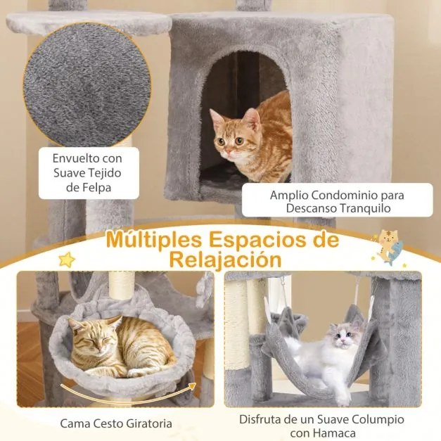 Arranhador para gatos com vários níveis de 176 cm com Cesto Cama Rede Posto de arranhar Plataformas Brinquedos Cinzento