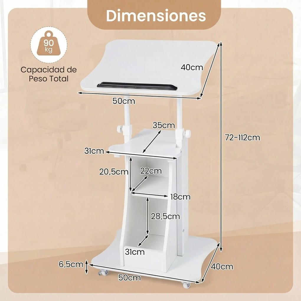 Pódio Móvel para Apresentações, 50 x 40 x 72-112 cm, Tampo Inclinável, Branco