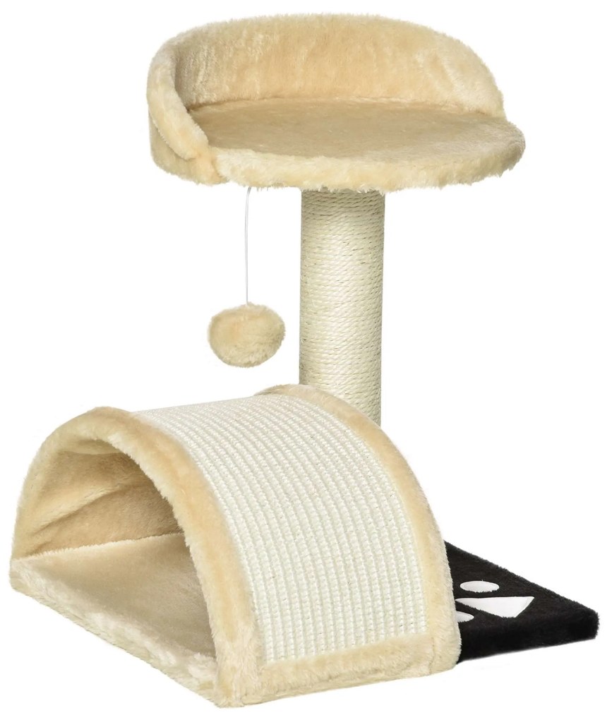 PawHut Arranhador Gatos 2 Níveis Poste Tapete Arranhar Cama Bola Suspensa 35,5x37x46cm Bege