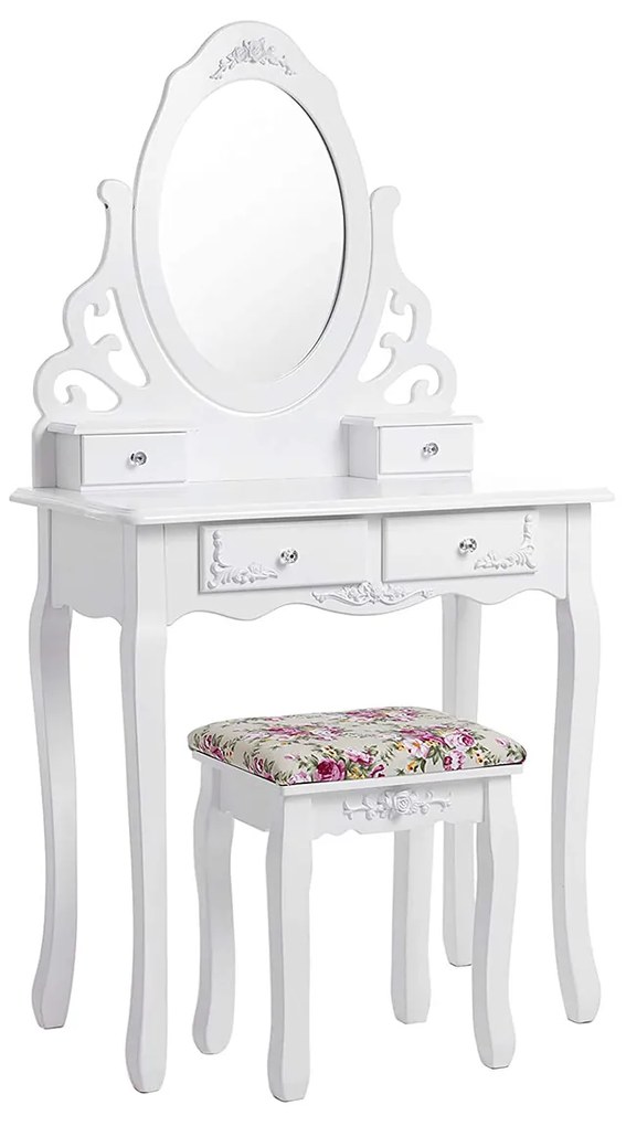 Conjunto de banquetas para penteadeira princesa SONGMICS e mesa de maquiagem com espelho giratório de 360 ​​graus, 4 gavetas, móveis de toucador, fácil de montar, quarto branco RDT04W