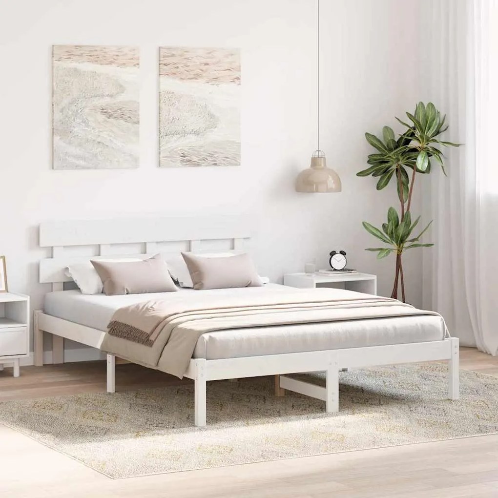 Estrado de Cama com Cabeceira Branco 160x200 cm Madeira Maciça de Pinh