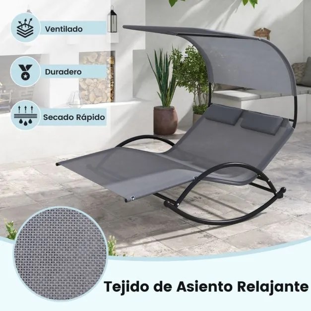 Espreguiçadeira baloiço jardim para 2 pessoas com 2 apoios de cabeça removíveis, estrutura metálica resistente cinzenta