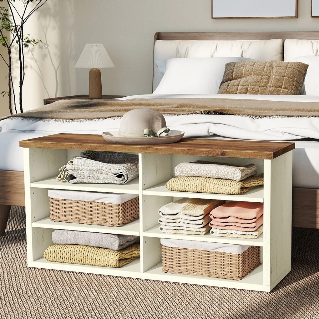 Banco arrumação para sapatos com banco 29,5 x 100 x 50 cm, compartimentos ajustáveis, 6 prateleiras Branco-castanho