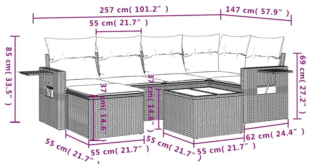 7 pcs conj. sofás jardim com almofadões vime PE cinzento-claro