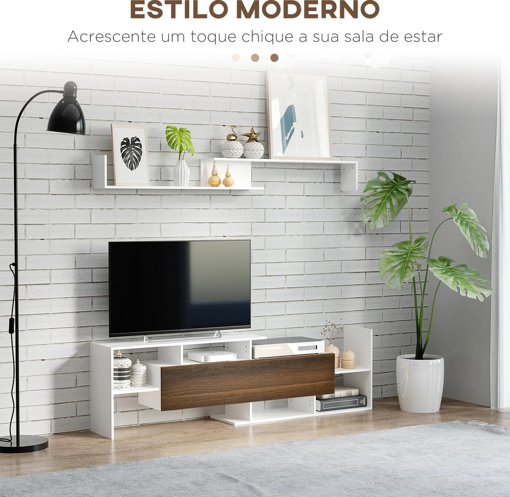 Móvel de TV Moderno Móvel para Televisores 153,6x25x42 cm e Prateleira de Parede 150x14,5x16,3 cm Branco e Castanho
