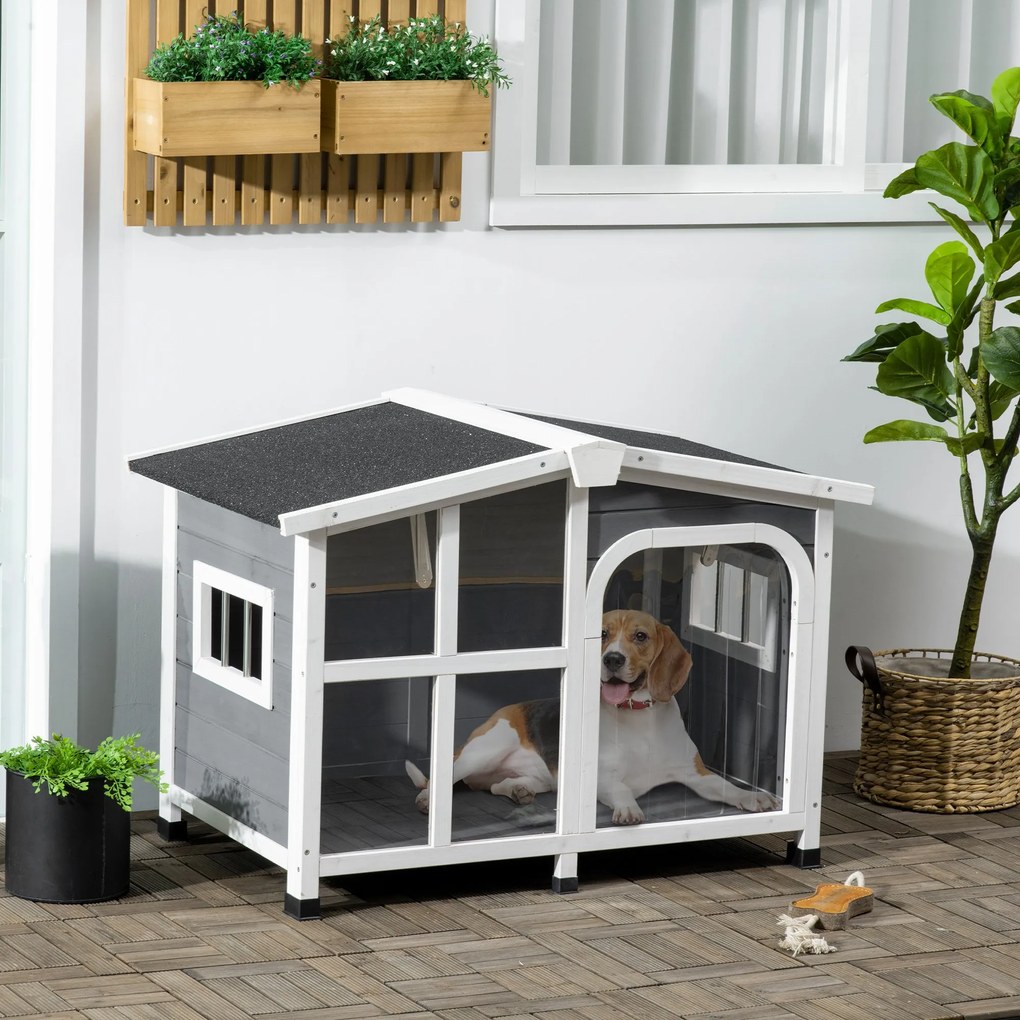 Casa para Cães de Madeira 101x66,5x70,5cm Casa para Animais de Estimação com Teto Abatível Frontal de Acrílico Porta com Cortina e Fundo Amovível Cinz